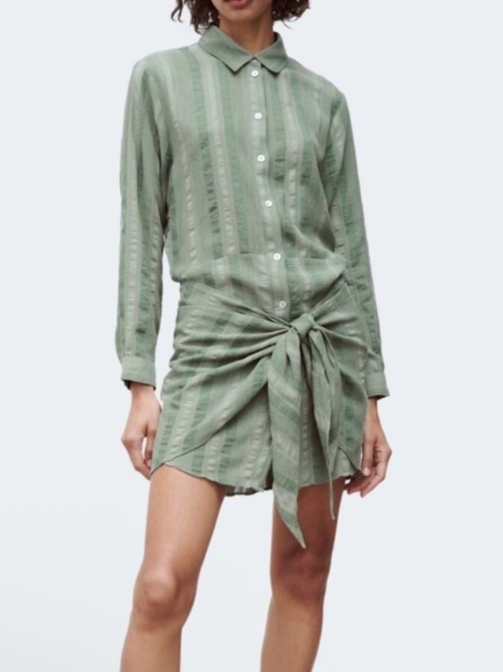 Zara Light Sage Green Striped Button-Down Shirt